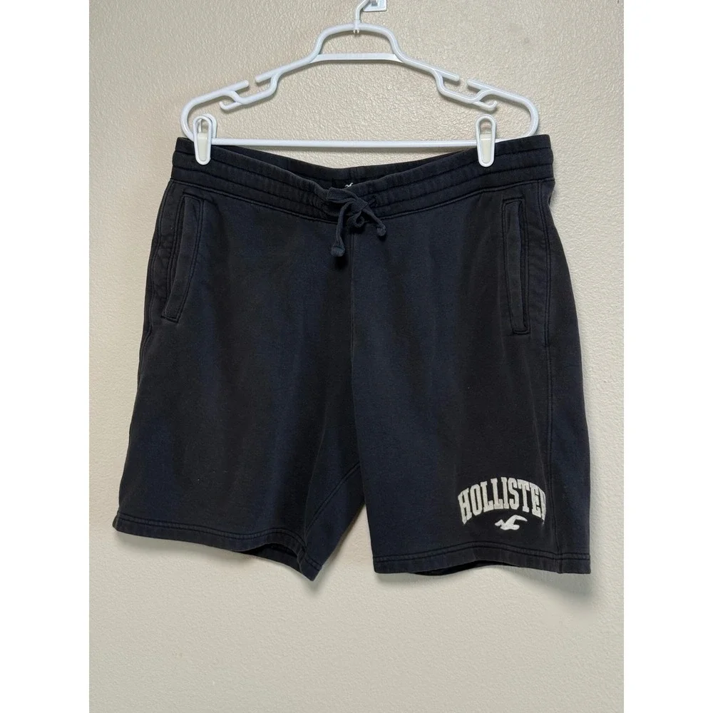 Hollister Men XL Black Fleece Sweat Shorts Drawstring Logo Athletic Loungewear